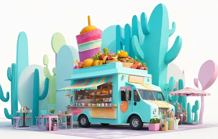 Street Van with Fast Food Shop Truck Counter 3D Style Illustration